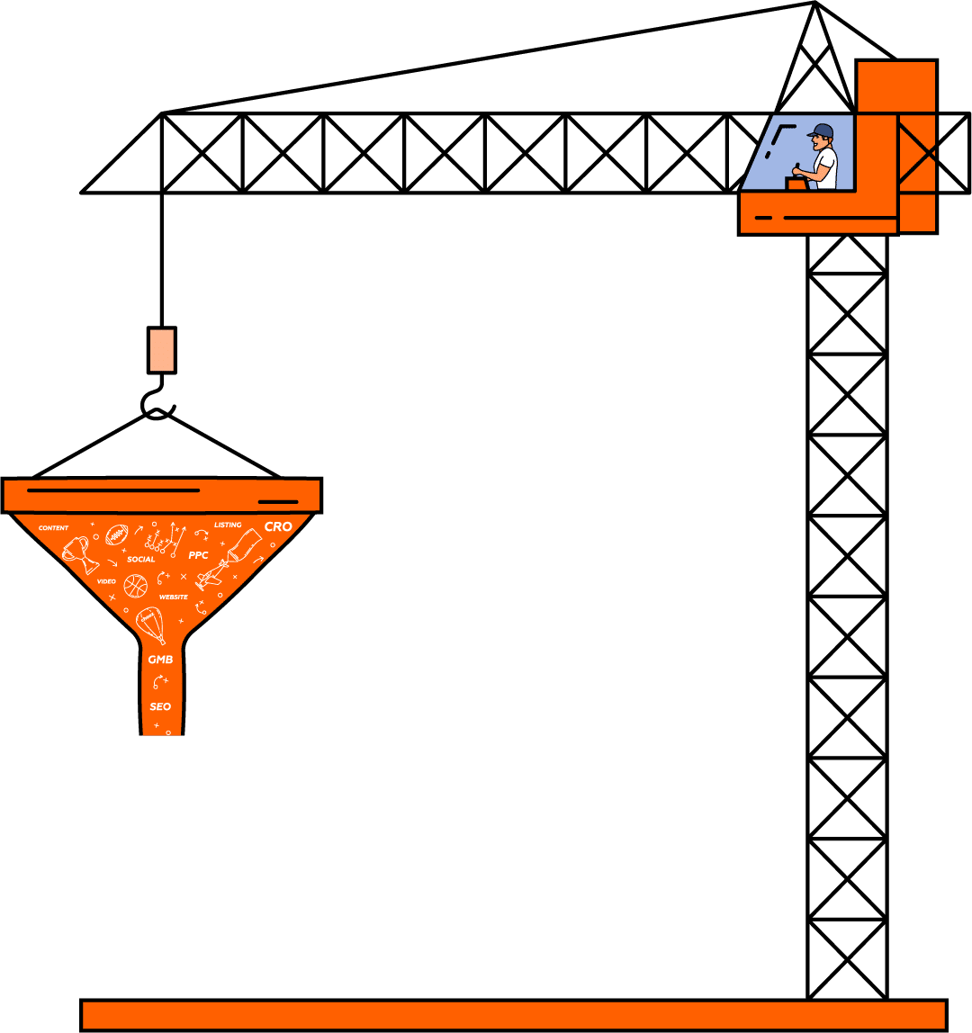 Chooz Marketing construction crane with digital marketing funnel illustration for lawyers