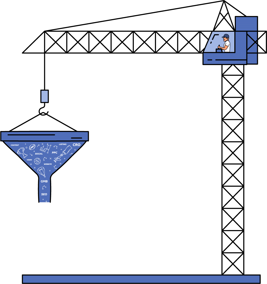 Chooz Marketing construction crane with digital marketing funnel illustration
