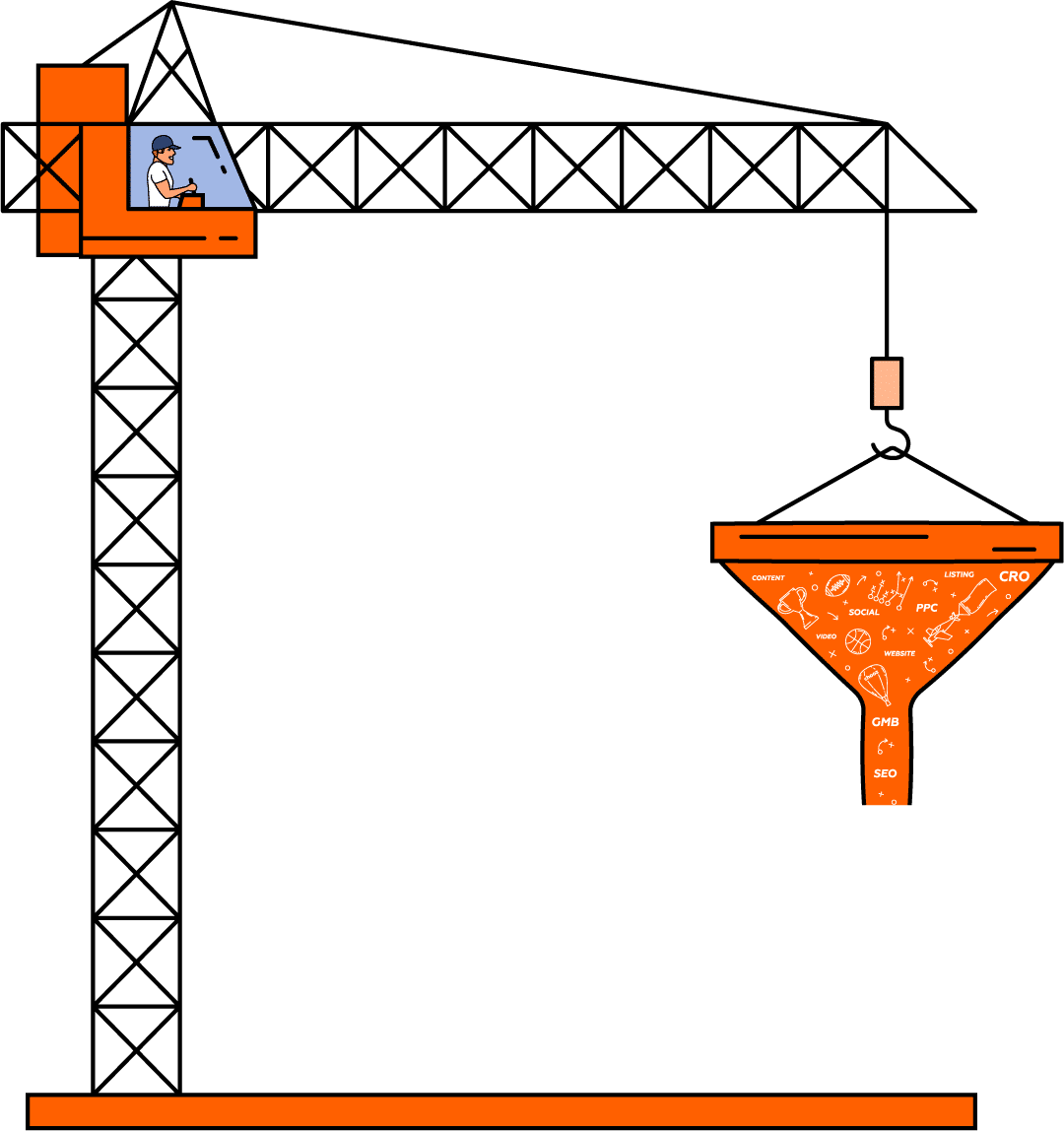 orange crane with digital marketing funnel illustration