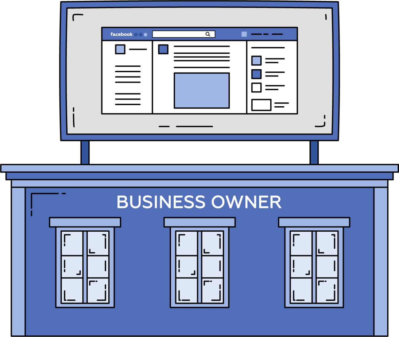 Business owner building illustration with Facebook billboard