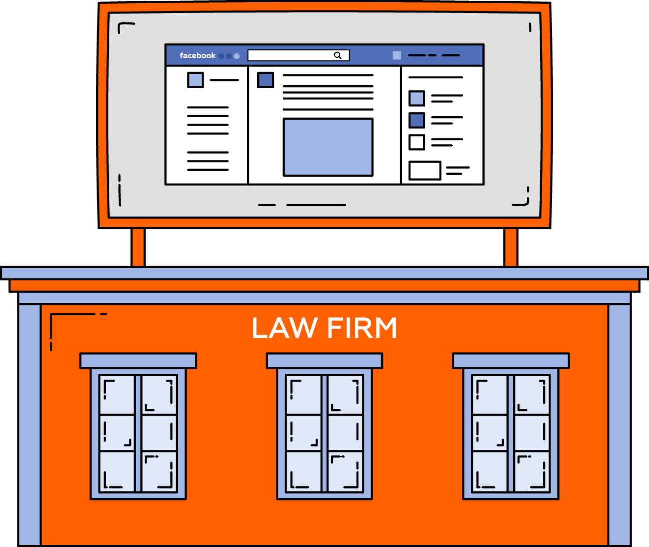 Law firm building illustration with Facebook billboard